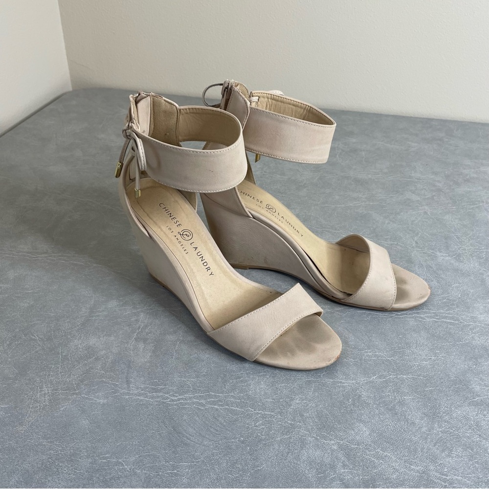 Chinese Laundry Cream/Nude Wide Ankle Strap Wedge Sandals